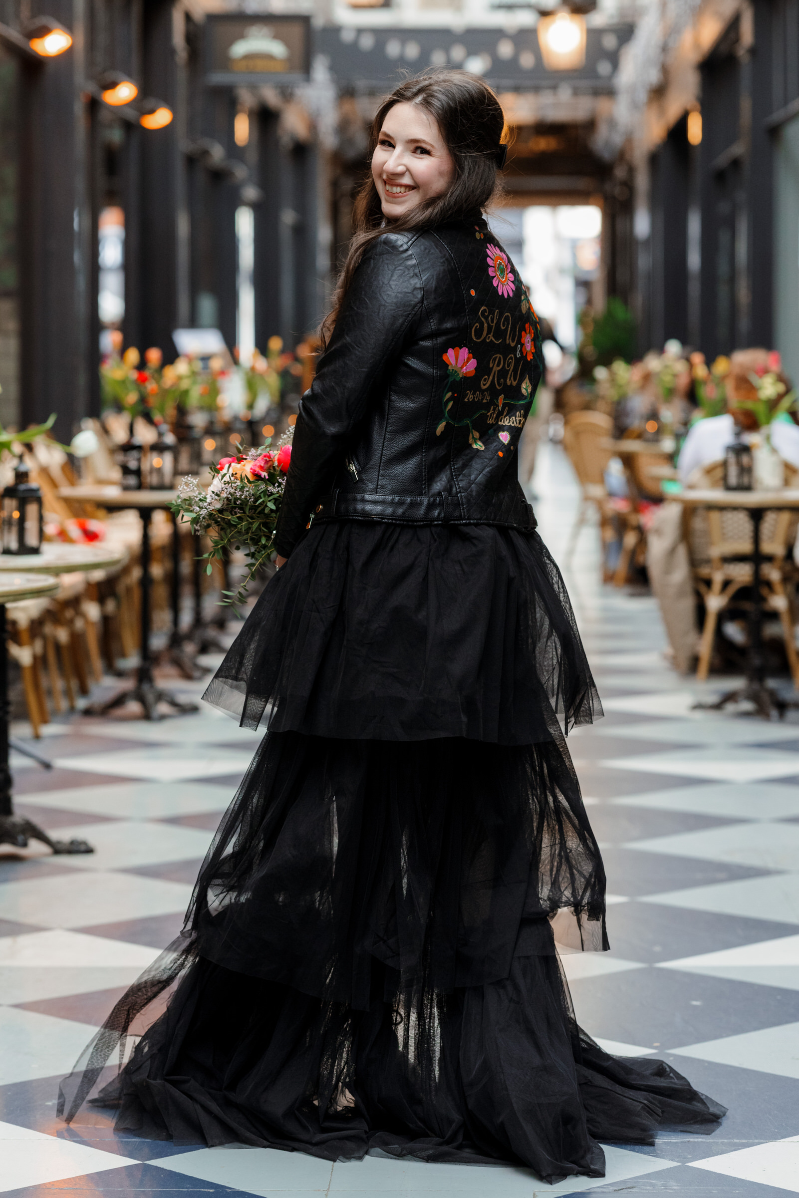 Bride in black wedding dress for her Cardiff Elopement